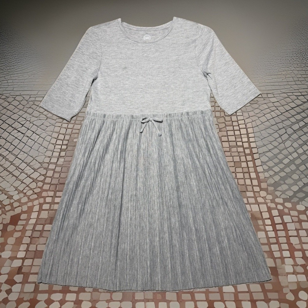 Girls GRAY KNIT 3/4 SLEEVE DRESS Pleated Lower BOW ACCENT Lt Weight L 10-12 PLUS